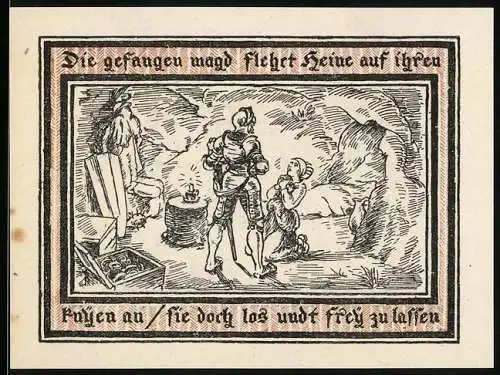 Notgeld Pritzwalk, 1922, 1 Mark, Stadtwappen und gefangene Magd fleht um Freiheit