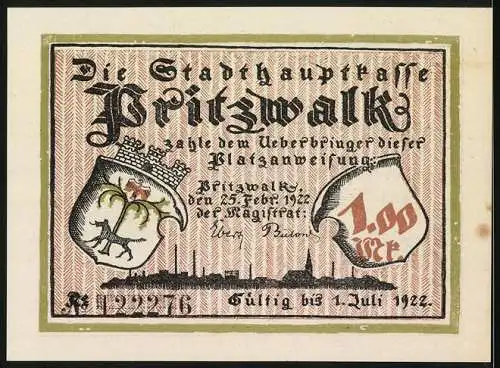 Notgeld Pritzwalk, 1922, 1 Mark, Stadtwappen und gefangene Magd fleht um Freiheit