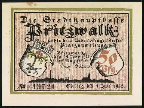 Notgeld Pritzwalk 1922, 50 Pfennig, Räuber Heine versteckt Schatz, gültig bis 1. Juli 1922