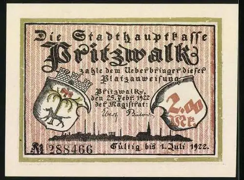 Notgeld Pritzwalk, 1922, 2 Mark, Stadtwappen und historische Szene mit Sprichwort So geht der Krug zu Wasser bis ...