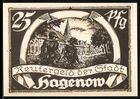 Notgeld Hagenow, 1921, 25 Pfennig, Reutergeld der Stadt mit Stadtansicht und Porträt eines Bischofs