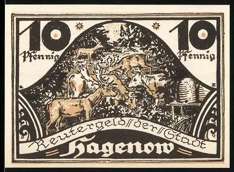 Notgeld Hagenow, 1922, 10 Pfennig, Reutergeld der Stadt mit Wildtieren und Mühle