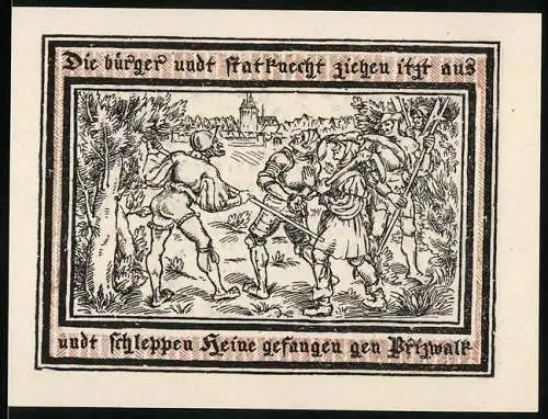 Notgeld Pritzwalk 1922, 2 Mark, Stadtwappen und Szene Bürger ziehen aus