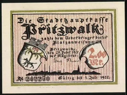 Notgeld Pritzwalk 1922, 2 Mark, Stadtwappen und Szene Bürger ziehen aus