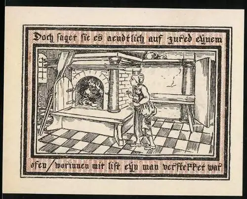 Notgeld Pritzwalk, 1922, 1.50 Mark, Frau beim Backofen mit Stadtwappen