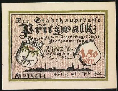 Notgeld Pritzwalk, 1922, 1.50 Mark, Frau beim Backofen mit Stadtwappen