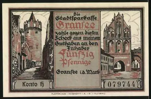 Notgeld Gransee, 50 Pfennig, Stadtansichten mit Handwerkern und historischer Architektur