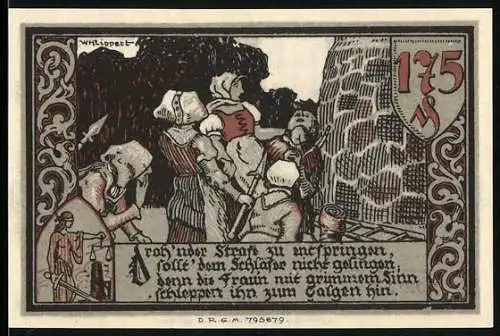 Notgeld Gransee, 75 Pfennig, historische Zeichnung und Stadtansicht, Konto H, Seriennummer 079082