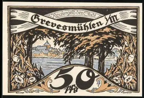 Notgeld Grevesmühlen, 1921, 50 Pfennig, Illustrationen von Landschaft und Wappen, gültig bis 30. April 1922
