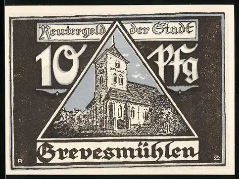 Notgeld Grevesmühlen, 1922, 10 Pfennig, Kirche und Windmühlen, Gültig bis 30. April 1922