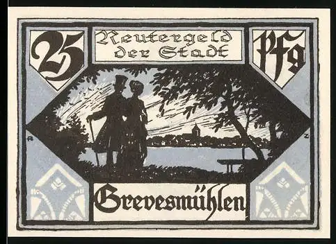 Notgeld Grevesmühlen, 1922, 25 Pfennig, Spaziergänger unter einem Baum und Landschaft mit See