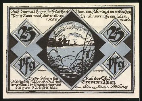 Notgeld Grevesmühlen, 1922, 25 Pfennig, Spaziergänger unter einem Baum und Landschaft mit See