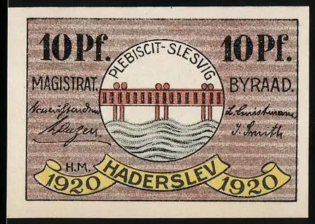 Notgeld Hadersleben - Haderslev 1920, 10 Pf, Plebiscit-Slesvig, Magistrat und Byraad, Gutschein Nr. 051776