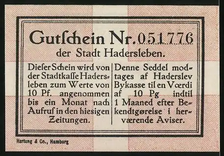 Notgeld Hadersleben - Haderslev 1920, 10 Pf, Plebiscit-Slesvig, Magistrat und Byraad, Gutschein Nr. 051776