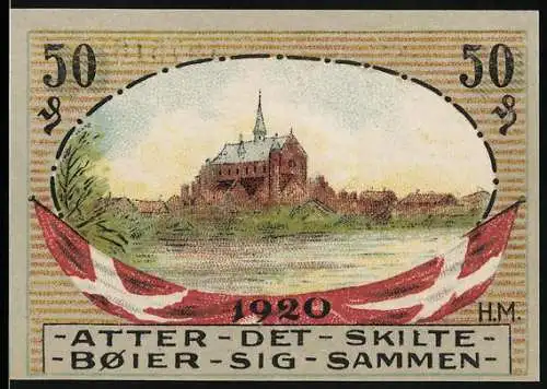 Notgeld Hadersleben, 1920, 50 Pfennig, Stadtansicht mit Kirche und dänischer Flagge, Rückseite Stadtwappen und Brücke