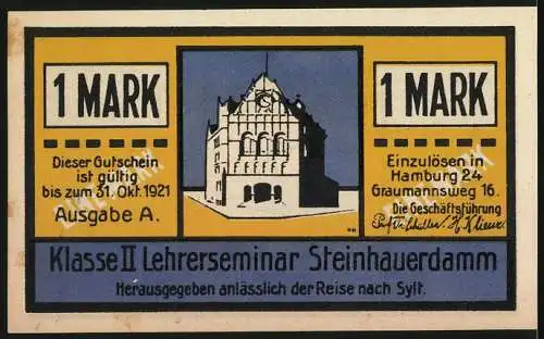 Notgeld Hamburg, 1921, Eine Mark, Zug und Gebäude, Lehrerreise nach Sylt