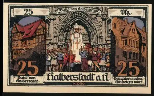 Notgeld Halberstadt 1921, 25 Pfennig, Bischof und Stadtansichten, Seriennummer 63910, Magistratsunterschrift