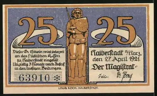 Notgeld Halberstadt 1921, 25 Pfennig, Bischof und Stadtansichten, Seriennummer 63910, Magistratsunterschrift