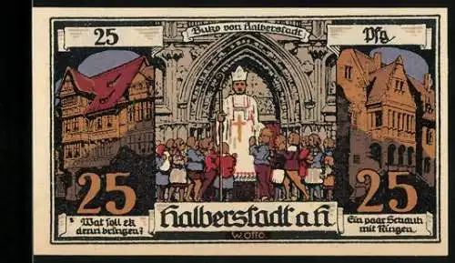 Notgeld Halberstadt 1921, 25 Pfennig, Bischof und Stadtszene, Rückseite Soldat und Text