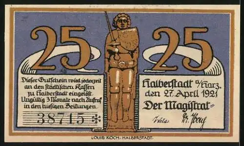 Notgeld Halberstadt 1921, 25 Pfennig, Bischof und Stadtszene, Rückseite Soldat und Text