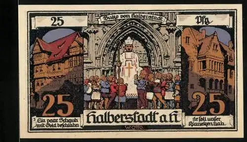 Notgeld Halberstadt 1921, 25 Pfennig, Stadtansicht mit Kindern und Statue des Magistrats