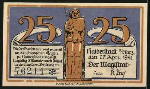 Notgeld Halberstadt 1921, 25 Pfennig, Stadtansicht mit Kindern und Statue des Magistrats