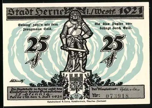 Notgeld Herne 1921, 25 Pfennig, Ritter mit Schwert und Industrielandschaft am Rhein-Herne-Kanal