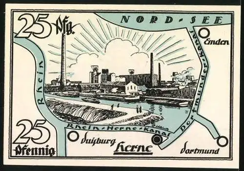 Notgeld Herne 1921, 25 Pfennig, Ritter mit Schwert und Industrielandschaft am Rhein-Herne-Kanal