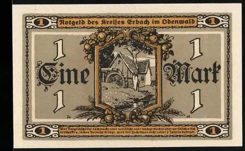 Notgeld Erbach im Odenwald, 1918, 1 Mark, Bauernhof und Erntearbeiterin-Design