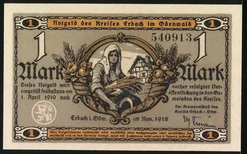 Notgeld Erbach im Odenwald, 1918, 1 Mark, Bauernhof und Erntearbeiterin-Design