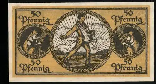 Notgeld Erbach i.Odw., 1918, 50 Pfennig, Bauer mit Hühnern und Säemann, Seriennummer 933810