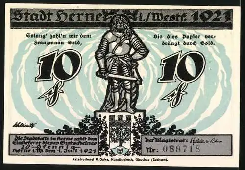 Notgeld Herne 1921, 10 Pfennig, Industrieansicht und Ritterabbildung