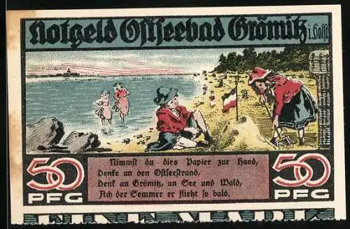 Notgeld Ostseebad Grömitz, 1921, 50 Pfennig, Illustrationen von Strand und Dorfansicht