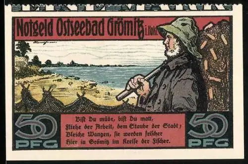 Notgeld Ostseebad Grömitz 1921, 50 Pfennig, Fischer und Küstendorf, Gültigkeit Lübeck