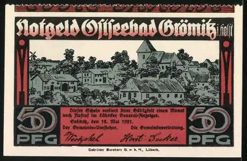 Notgeld Ostseebad Grömitz 1921, 50 Pfennig, Fischer und Küstendorf, Gültigkeit Lübeck