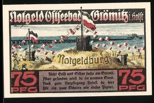 Notgeld Ostseebad Grömitz 1921, 75 Pfennig, Strand und Notgeldburg, Dorfansicht