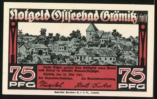 Notgeld Ostseebad Grömitz 1921, 75 Pfennig, Strand und Notgeldburg, Dorfansicht