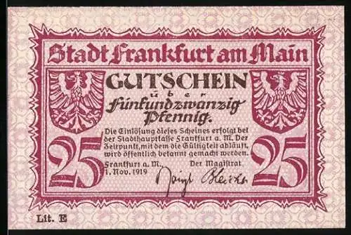 Notgeld Frankfurt am Main 1919, 25 Pfennig, Stadtwappen und Stadtansicht mit Zierornamenten