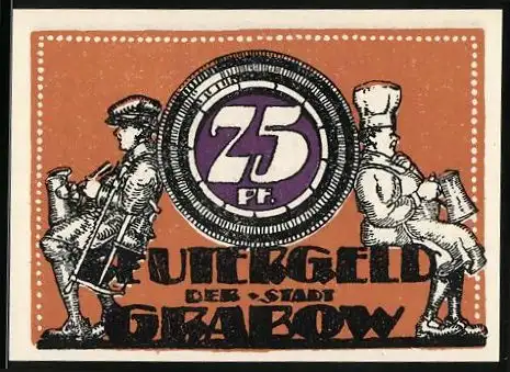 Notgeld Grabow, 1921, 75 Pf, zwei Figuren mit Bierkrügen, Stadtansicht und Spruch