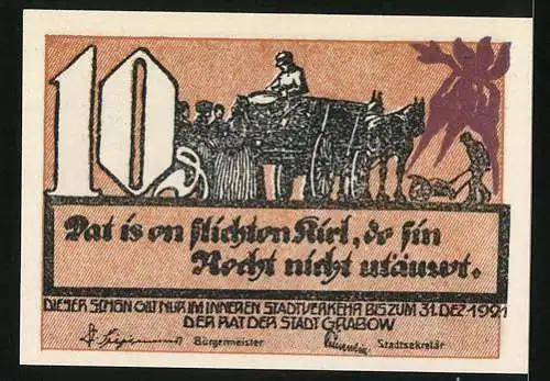 Notgeld Grabow, 1921, 10 Pfennig, Menschen mit Münzen und Pferdekutsche, Text in Plattdeutsch