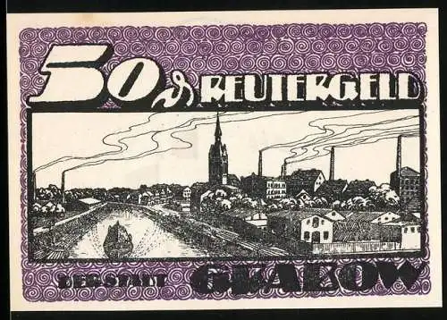 Notgeld Grabow, 1921, 50 Pfennig, Stadtansicht und Wappen der Stadt