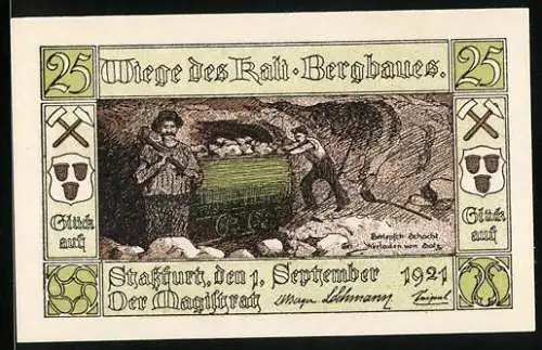 Notgeld Stassfurt 1921, 25 Pfennig, Wiege des Kalisalz-Bergbaus, Bergarbeiter mit Lore, Stadtwappen, Seriennummer 0547