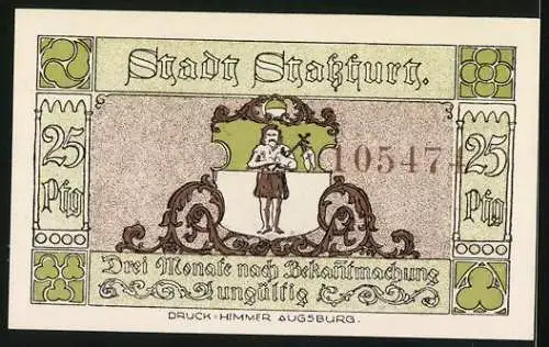 Notgeld Stassfurt 1921, 25 Pfennig, Wiege des Kalisalz-Bergbaus, Bergarbeiter mit Lore, Stadtwappen, Seriennummer 0547