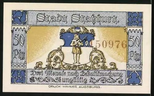 Notgeld Stassfurt, 1921, 50 Pfennig, historische Darstellung mit Kriegern und Reiter, Stadtwappen