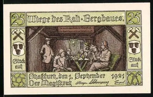 Notgeld Stassfurt, 1921, 25 Pfennig, Wiege des Kalibergbaues mit Bergarbeiterszene und Stadtwappen
