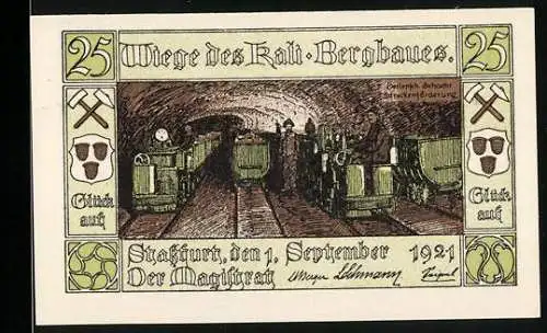 Notgeld Stassfurt, 1921, 25 Pfennig, Wiege des Kali-Bergbaues und Stadtsiegel, Glück auf Symbole