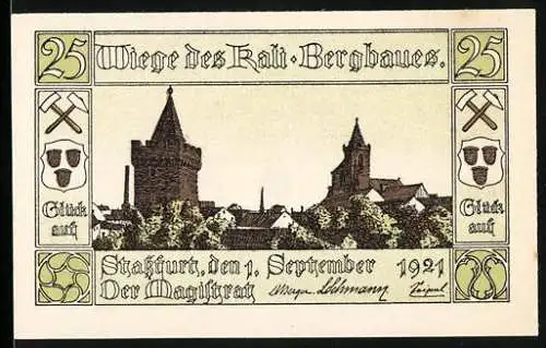 Notgeld Stassfurt 1921, 25 Pfennig, Wiege des Kali-Bergbaues mit Stadtansicht und Bergmann Motiv