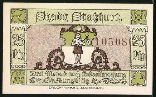 Notgeld Stassfurt 1921, 25 Pfennig, Wiege des Kali-Bergbaues mit Stadtansicht und Bergmann Motiv