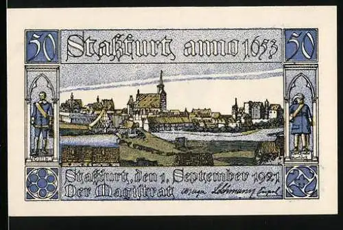 Notgeld Stassfurt 1921, 50 Pfennig, Stadtansicht und historische Figuren