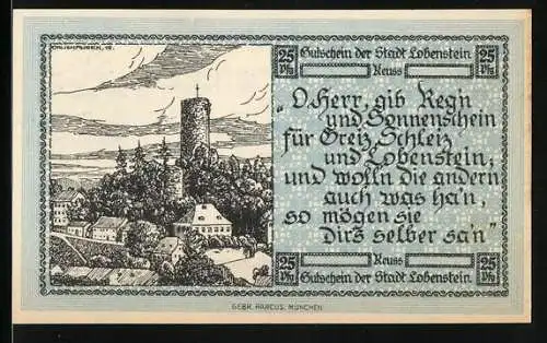 Notgeld Lobenstein 1919, 25 Pfennig, Gutschein der Stadt Lobenstein mit Landschaftsillustration